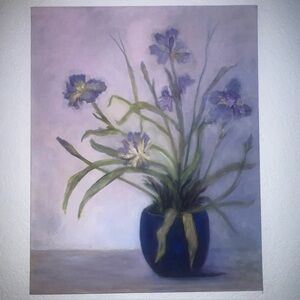 Iris Flowers In Vase Original Genuine Watercolor Painting 23” X 28”